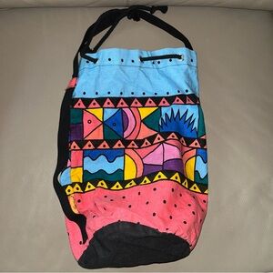 Vtg SPIEGAL CANVAS DRAWSTRING SLING TOTE BEACH BAG 1990’s Multicolor Geometric